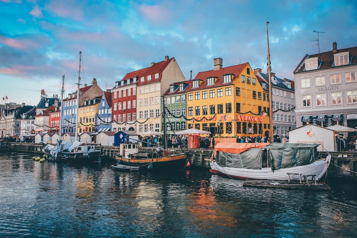 Colorful harbor buildings in a European city