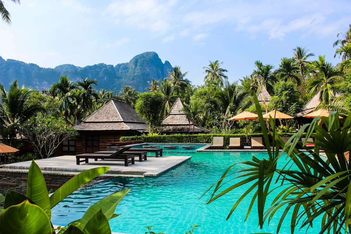 Poolside cabanas at a resort