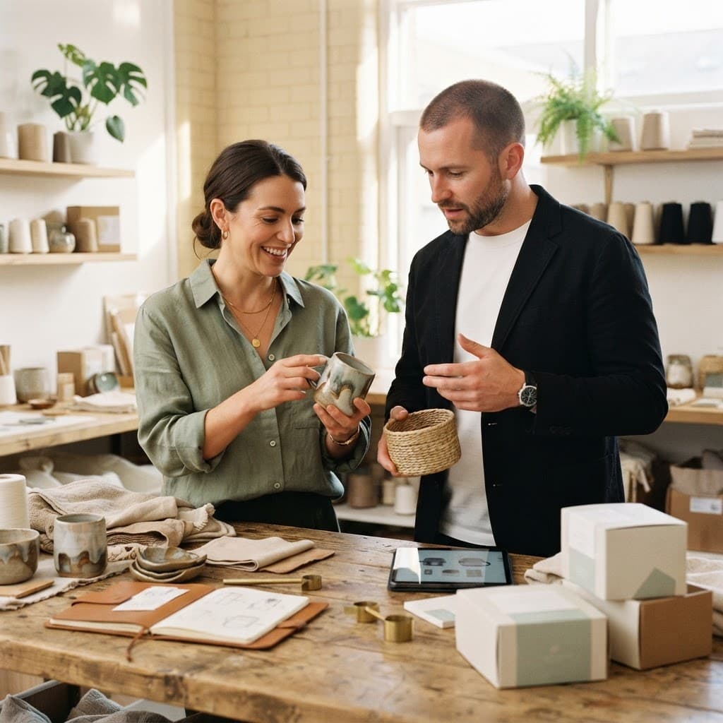 Small business co-founders reviewing product samples